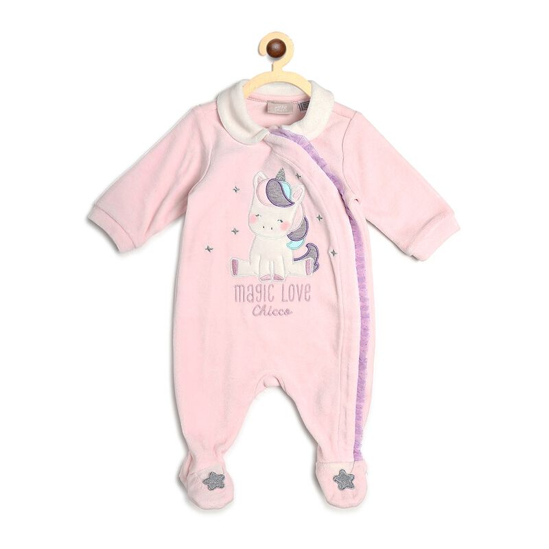 Girls Light Pink Velour Front Opening Babysuit image number null